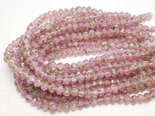 Lampwork-Perlen facettierte Knopf-Rondelle 8x8x6mm mit Rosenmuster [pink] halb oder 1Strang Perlen (ca. 27cm / 11inch)