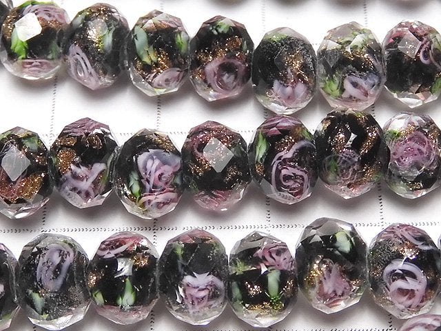 [Video] Lampwork Beads Faceted Button Roundel 8x8x6mm with rose pattern [Black] half or 1strand beads (aprx.11inch / 27cm)