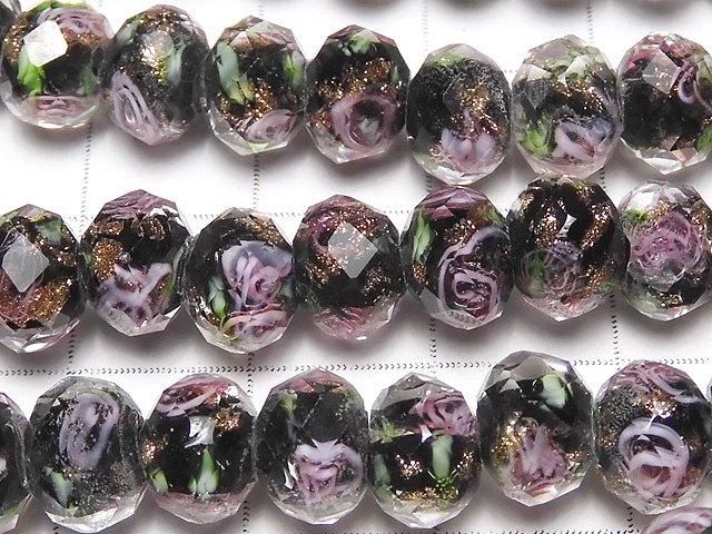 Perles à la lampe facettées bouton rondelle 8x8x6mm motif rose [Noir] demi ou 1 fil de perles (env. 27cm)