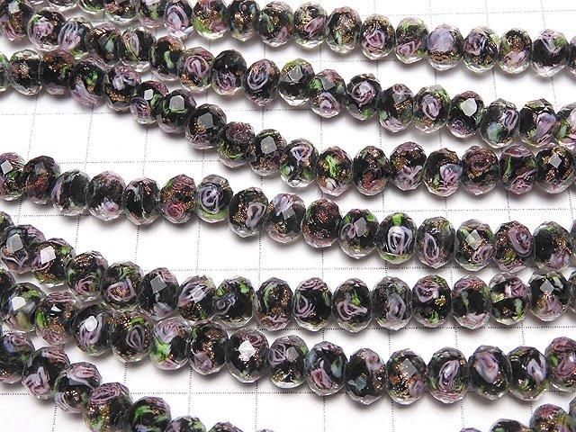 Perles à la lampe facettées bouton rondelle 8x8x6mm motif rose [Noir] demi ou 1 fil de perles (env. 27cm)