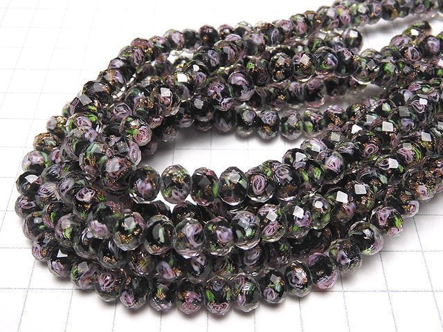 [Video] Lampwork Beads Faceted Button Roundel 8x8x6mm with rose pattern [Black] half or 1strand beads (aprx.11inch / 27cm)