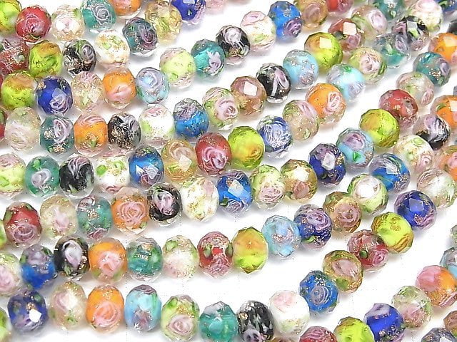 [Video] Lampwork Beads Faceted Button Roundel 8x8x6mm with rose pattern [Multicolor] half or 1strand beads (aprx.11inch / 27cm)