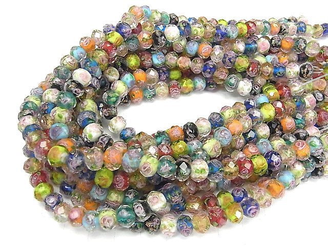 [Video] Lampwork Beads Faceted Button Roundel 8x8x6mm with rose pattern [Multicolor] half or 1strand beads (aprx.11inch / 27cm)