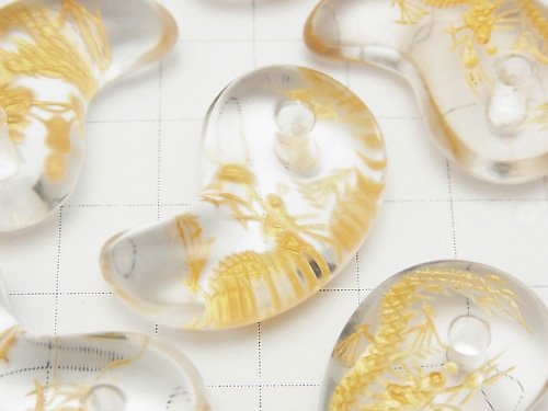 [Video] Gold! Dragon (Four Divine Beasts) Carved! Crystal Comma Shaped Bead 30x20x10mm 1pc