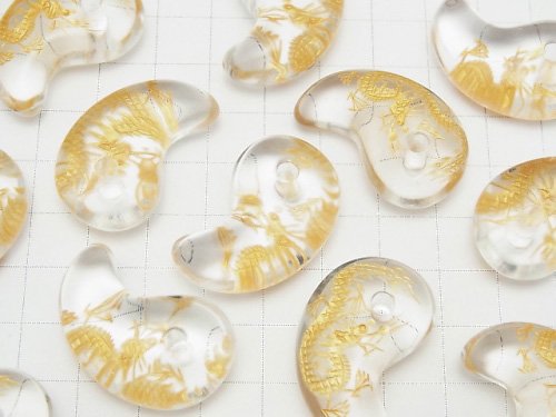 [Video] Gold! Dragon (Four Divine Beasts) Carved! Crystal Comma Shaped Bead 30x20x10mm 1pc