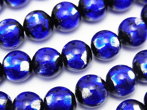 Lampwork Beads Round 10mm [Blue x Silver] 1/4 or 1strand beads (aprx.15inch/36cm)