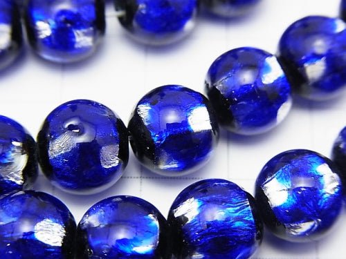 Lampwork Beads Round 10mm [Blue x Silver] 1/4 or 1strand beads (aprx.15inch/36cm)