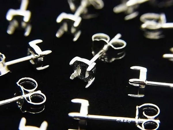[Video] Silver925 4-Piece Earstuds with Earring Frames and Backs for Cabochon [4mm][6mm][8mm][10mm] Rhodium Plated, 1 Pair (2 Pieces)