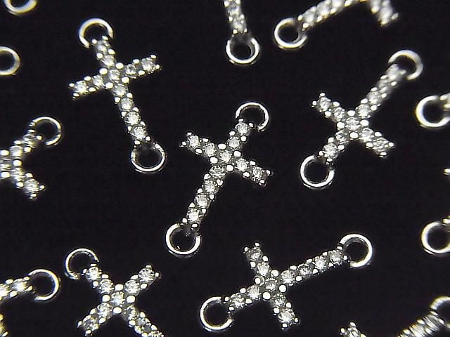 Silver 925 Cross 14x7x2mm Both Side Charm (with CZ) [Rhodium Plated] 1pc