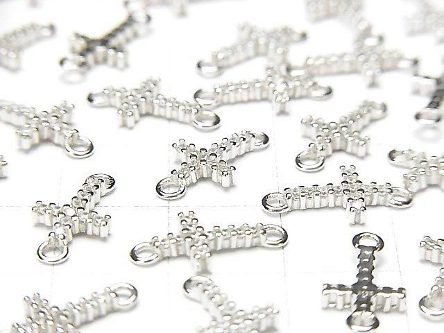 Silver 925 Cross 14x7x2mm Both Side Charm (with CZ) [Rhodium Plated] 1pc