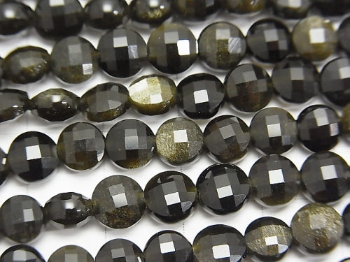 High Quality! Golden Sheen Obsidian Faceted Coin 6x6x4.5mm 1strand beads (aprx.15inch / 38cm)