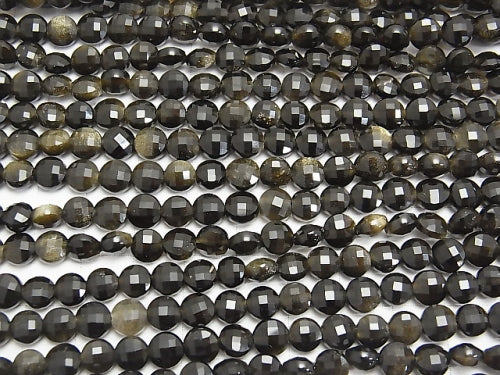 High Quality! Golden Sheen Obsidian Faceted Coin 6x6x4.5mm 1strand beads (aprx.15inch / 38cm)