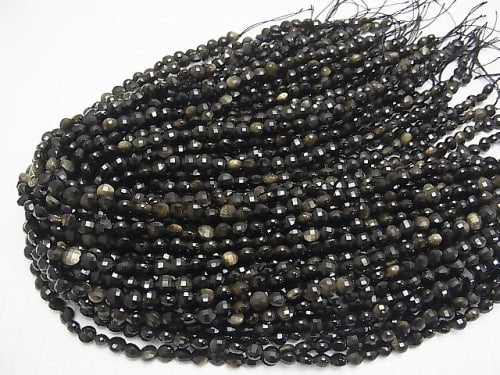 High Quality! Golden Sheen Obsidian Faceted Coin 6x6x4.5mm 1strand beads (aprx.15inch / 38cm)