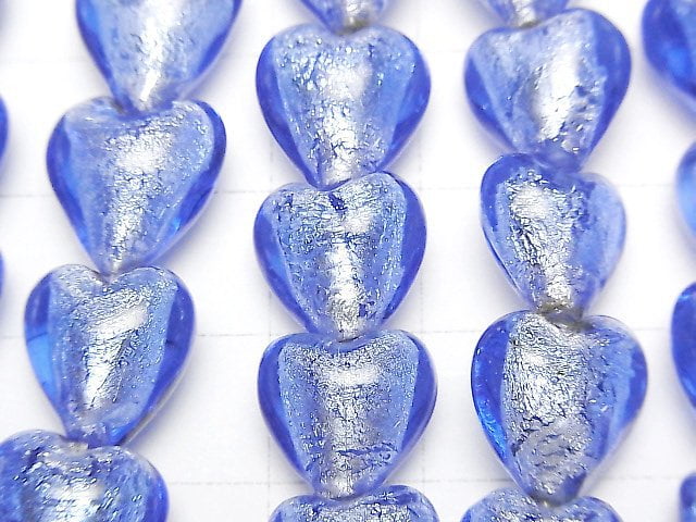 [Video] Lampwork Beads Vertical Hole Heart 12x12x8mm [Silver Foil x Blue] 1strand beads (aprx.13inch/33cm)