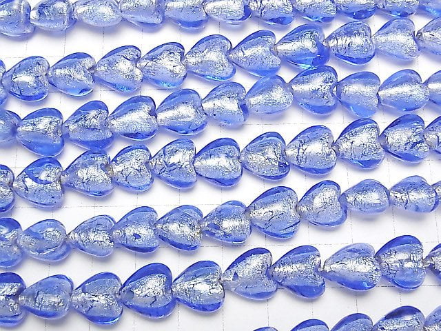 [Video] Lampwork Beads Vertical Hole Heart 12x12x8mm [Silver Foil x Blue] 1strand beads (aprx.13inch/33cm)
