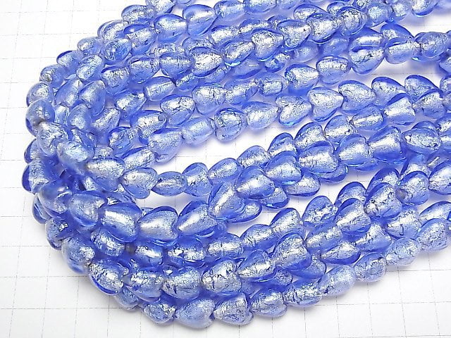 [Video] Lampwork Beads Vertical Hole Heart 12x12x8mm [Silver Foil x Blue] 1strand beads (aprx.13inch/33cm)