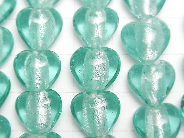 [Video] Lampwork Beads Vertical Hole Heart 12x12x8mm [Silver Foil x Blue Green] 1strand beads (aprx.13inch/33cm)