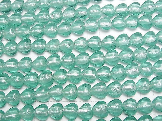 [Video] Lampwork Beads Vertical Hole Heart 12x12x8mm [Silver Foil x Blue Green] 1strand beads (aprx.13inch/33cm)