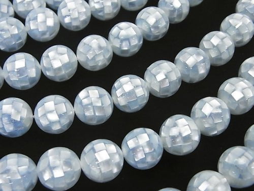 Mosaic Shell Blue Round 12mm 1/4 or 1strand beads (aprx.14inch / 35cm)