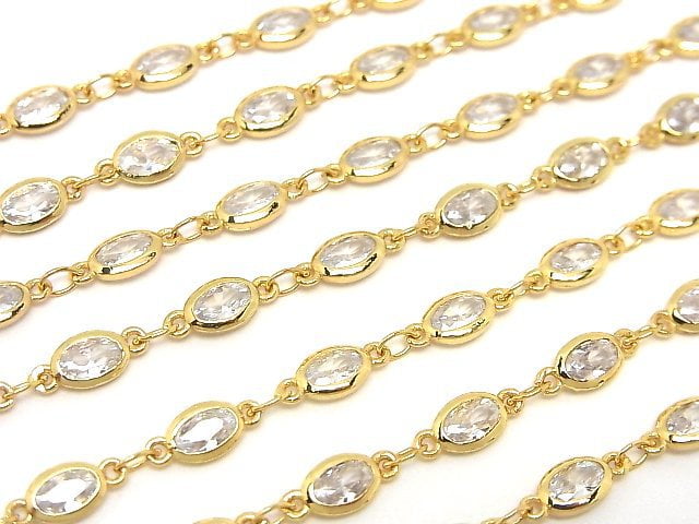 Metal parts CZOval Faceted chain, gold color, 10cm