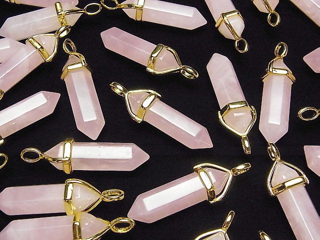 Rose Quartz AA+ Double Point Pendant 32x8x8mm Gold Color 3pcs