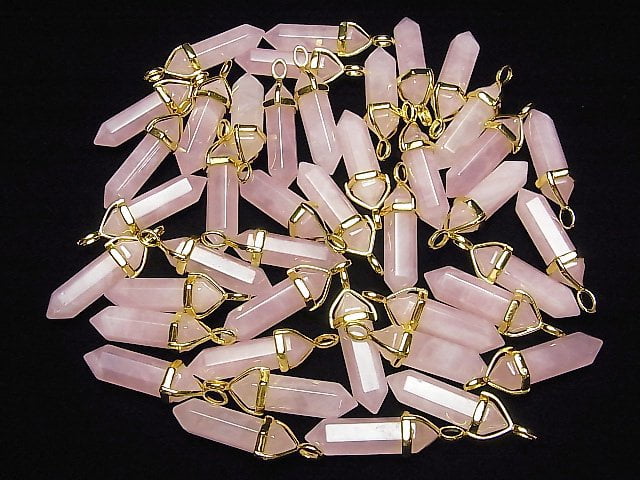 Rose Quartz AA+ Double Point Pendant 32x8x8mm Gold Color 3pcs