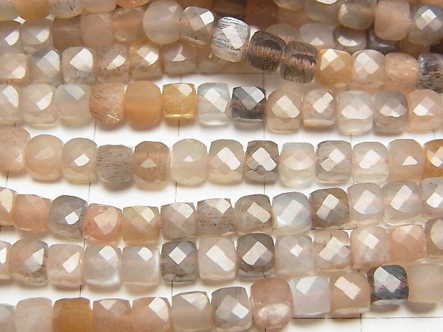 [Video] High Quality! Silver Sheen Brown & Gray Moonstone AA++ Cube Shape 4x4x4mm half or 1strand beads (aprx.15inch / 37cm)