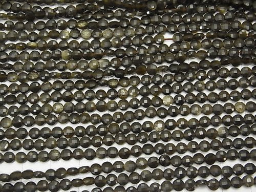 High quality! 1strand $5.79! Golden Sheen Obsidian AAA Faceted Coin 4x4x2mm 1strand beads (aprx.15inch / 37cm)