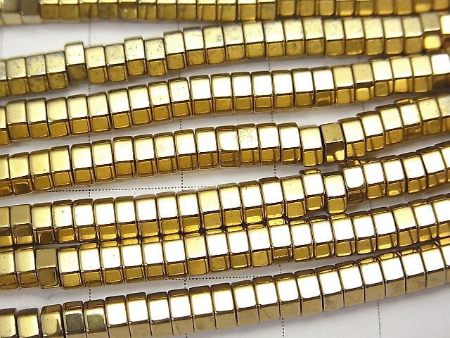 [Video] Hematite hexagonal Rondelle (Heishi) 4x4x2mm gold coated 1strand beads (aprx.15inch/38cm)