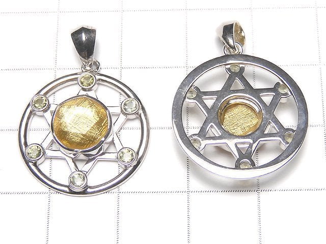 Meteorite (Muonionalusta ) & Moldavite 6 stones! Hexagram Pendant 20x20x5mm Yellow Gold 1pc