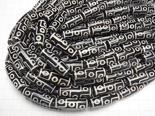 [Video]dZi Beads Rice 30x10x10mm Black x Beige 1strand beads (aprx.9inch/24cm)