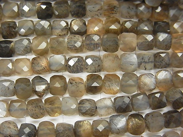 [Video] High Quality! Silver & Golden Sheen Gray Moonstone AAA Cube Shape 4x4x4mm half or 1strand beads (aprx.15inch / 36cm)