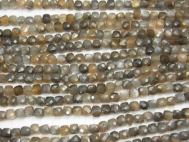 [Video] High Quality! Silver & Golden Sheen Gray Moonstone AAA Cube Shape 4x4x4mm half or 1strand beads (aprx.15inch / 36cm)