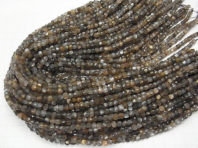 [Video] High Quality! Silver & Golden Sheen Gray Moonstone AAA Cube Shape 4x4x4mm half or 1strand beads (aprx.15inch / 36cm)