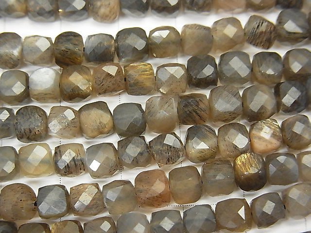 [Video] High Quality! Silver & Golden Sheen Gray Moonstone AAA Cube Shape 5x5x5mm half or 1strand beads (aprx.15inch / 36cm)