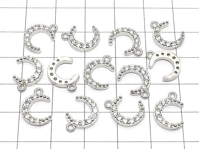 Metal Crescent Moon Charm, 13x10mm, Silver (with CZ), 2 pieces