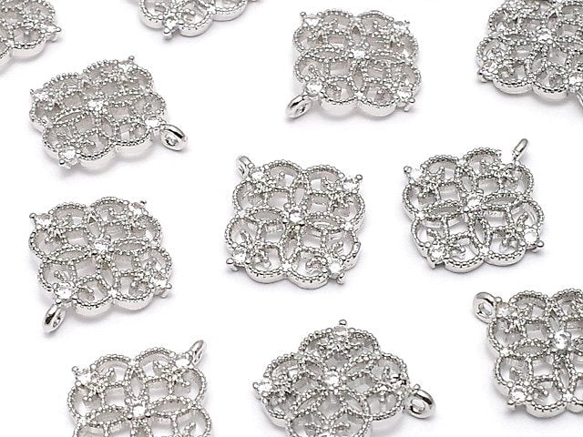 Metal parts, openwork motif charm, 13x12mm, silver color (with CZ), 2pcs