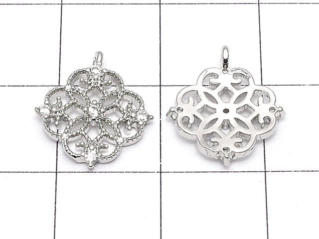 Metal parts, openwork motif charm, 13x12mm, silver color (with CZ), 2pcs