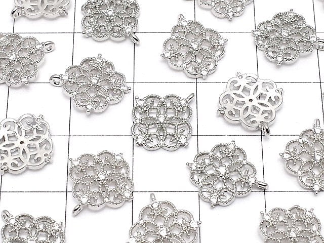 Metal parts, openwork motif charm, 13x12mm, silver color (with CZ), 2pcs