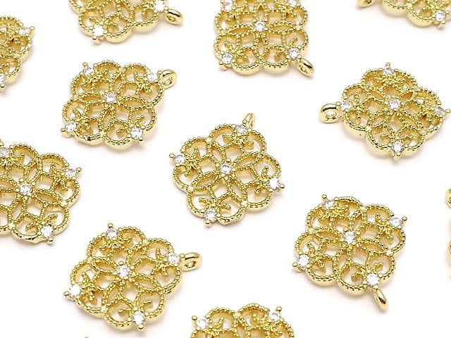 Metal parts, openwork motif charm, 13x12mm, gold color (with CZ), 2pcs