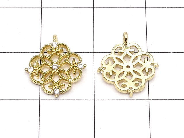 Metal parts, openwork motif charm, 13x12mm, gold color (with CZ), 2pcs