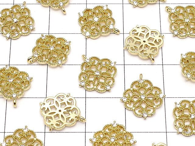 Metal parts, openwork motif charm, 13x12mm, gold color (with CZ), 2pcs