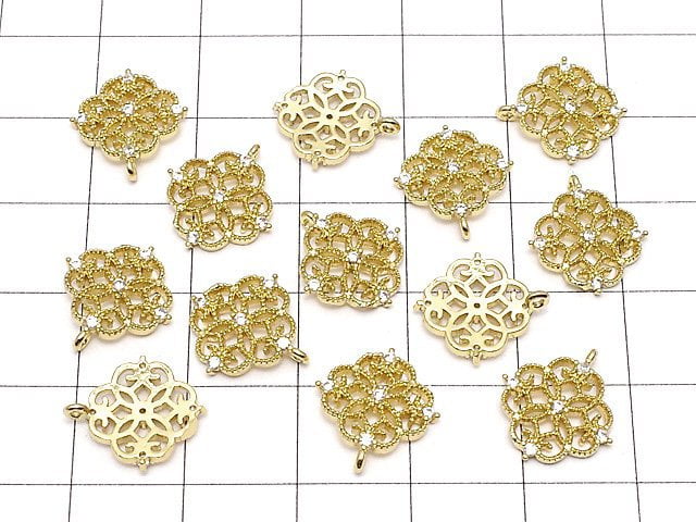 Metal parts, openwork motif charm, 13x12mm, gold color (with CZ), 2pcs