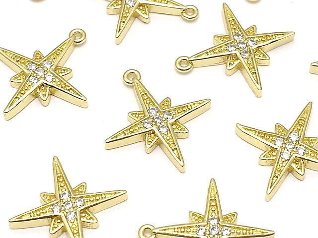 Metal parts, star motif charm, 16x15mm, gold color (with cubic zirconia), 2 pieces