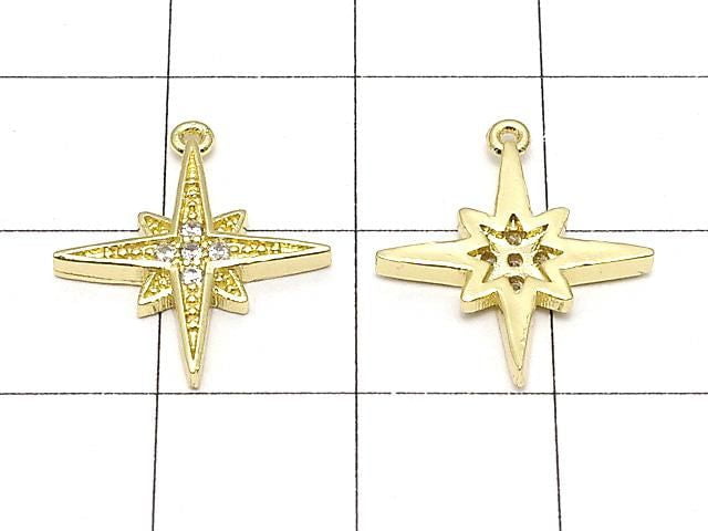 Metal parts, star motif charm, 16x15mm, gold color (with cubic zirconia), 2 pieces