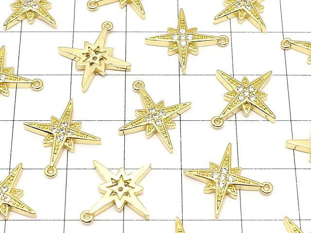 Metal parts, star motif charm, 16x15mm, gold color (with cubic zirconia), 2 pieces