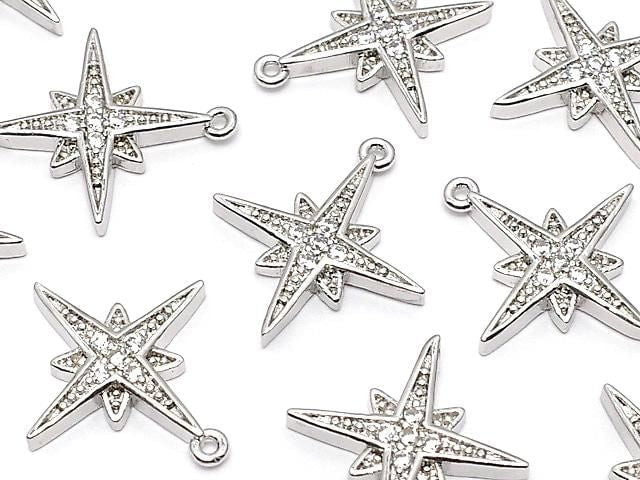 Metal parts, star motif charm, 16x15mm, silver color (with CZ), 2pcs