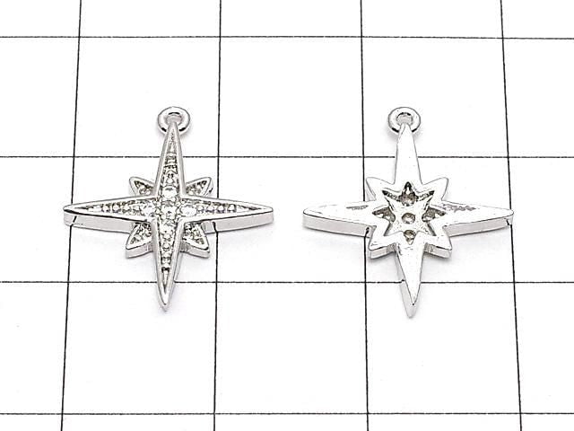 Metal parts, star motif charm, 16x15mm, silver color (with CZ), 2pcs