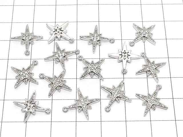 Metal parts, star motif charm, 16x15mm, silver color (with CZ), 2pcs