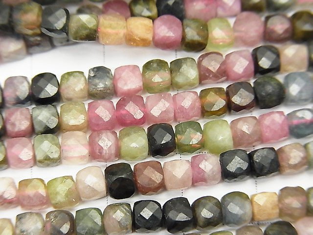 [Video] High Quality! Multicolor Tourmaline AA + Cube Shape 4x4x4mm half or 1strand beads (aprx.15inch / 37cm)